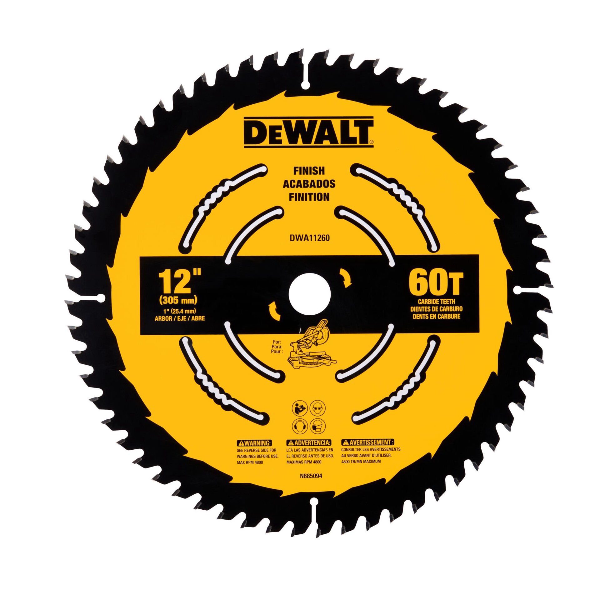slide 2 of 6, DEWALT Large Diameter Saw Blades 12-in 60 -Tooth Fine Finish Tungsten carbide-tipped steel Miter saw blade Individual, 1 ct