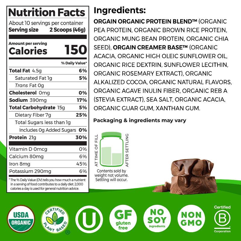 slide 3 of 10, Orgain Organic Vegan Plant Based Protein Powder - Creamy Chocolate Fudge - 16.32oz, 16.32 oz