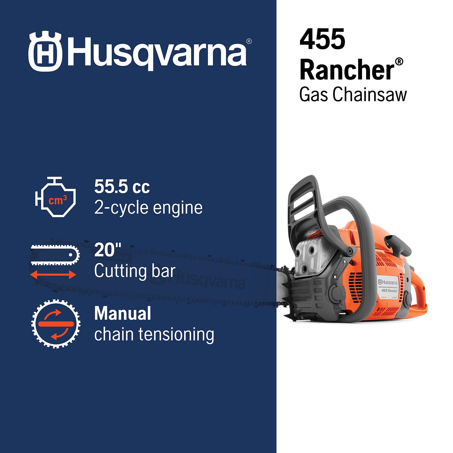 slide 2 of 6, Husqvarna 455 Rancher 55.5-cc 2-cycle 20-in Gas Chainsaw, 1 ct