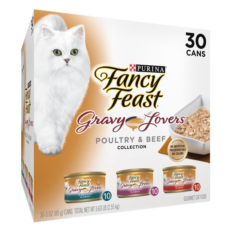 slide 4 of 7, Purina Fancy Feast Gravy Lovers Variety Pack Chicken, Turkey & Beef Flavor Wet Cat Food Cans - 3oz/30ct, 3 oz, 30 ct