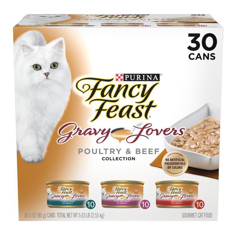 slide 1 of 7, Purina Fancy Feast Gravy Lovers Variety Pack Chicken, Turkey & Beef Flavor Wet Cat Food Cans - 3oz/30ct, 3 oz, 30 ct