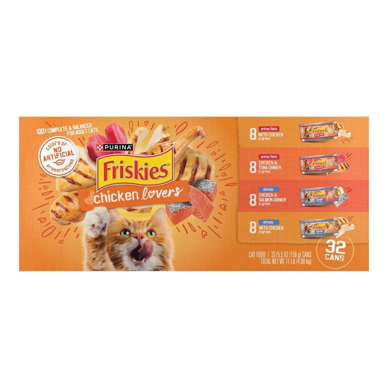 slide 3 of 8, Purina Friskies Prime Filets & Shreds with Tuna, Chicken, Salmon and Seafood Lover Wet Cat Food - 5.5oz/32ct Variety Pack, 32 ct; 5.5 oz