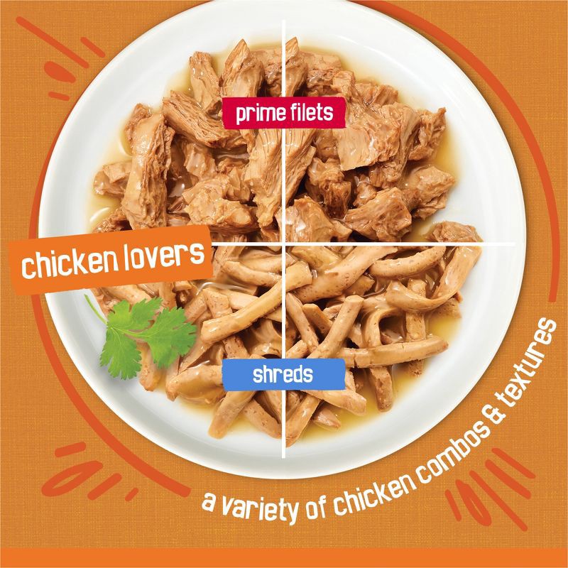 slide 3 of 9, Purina Friskies Prime Filets & Shreds with Tuna, Chicken, Salmon and Seafood Lover Wet Cat Food - 5.5oz/32ct Variety Pack, 32 ct; 5.5 oz