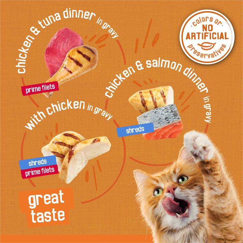 slide 4 of 9, Purina Friskies Prime Filets & Shreds with Tuna, Chicken, Salmon and Seafood Lover Wet Cat Food - 5.5oz/32ct Variety Pack, 32 ct; 5.5 oz