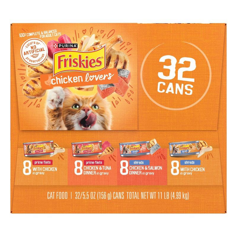 slide 5 of 8, Purina Friskies Prime Filets & Shreds with Tuna, Chicken, Salmon and Seafood Lover Wet Cat Food - 5.5oz/32ct Variety Pack, 32 ct; 5.5 oz