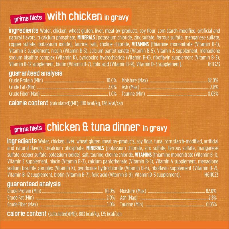 slide 6 of 9, Purina Friskies Prime Filets & Shreds with Tuna, Chicken, Salmon and Seafood Lover Wet Cat Food - 5.5oz/32ct Variety Pack, 32 ct; 5.5 oz