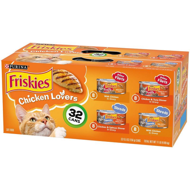 slide 6 of 8, Purina Friskies Prime Filets & Shreds with Tuna, Chicken, Salmon and Seafood Lover Wet Cat Food - 5.5oz/32ct Variety Pack, 32 ct; 5.5 oz