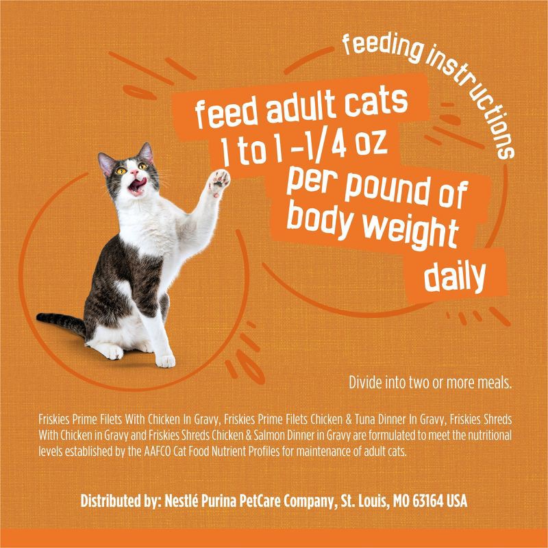slide 7 of 9, Purina Friskies Prime Filets & Shreds with Tuna, Chicken, Salmon and Seafood Lover Wet Cat Food - 5.5oz/32ct Variety Pack, 32 ct; 5.5 oz