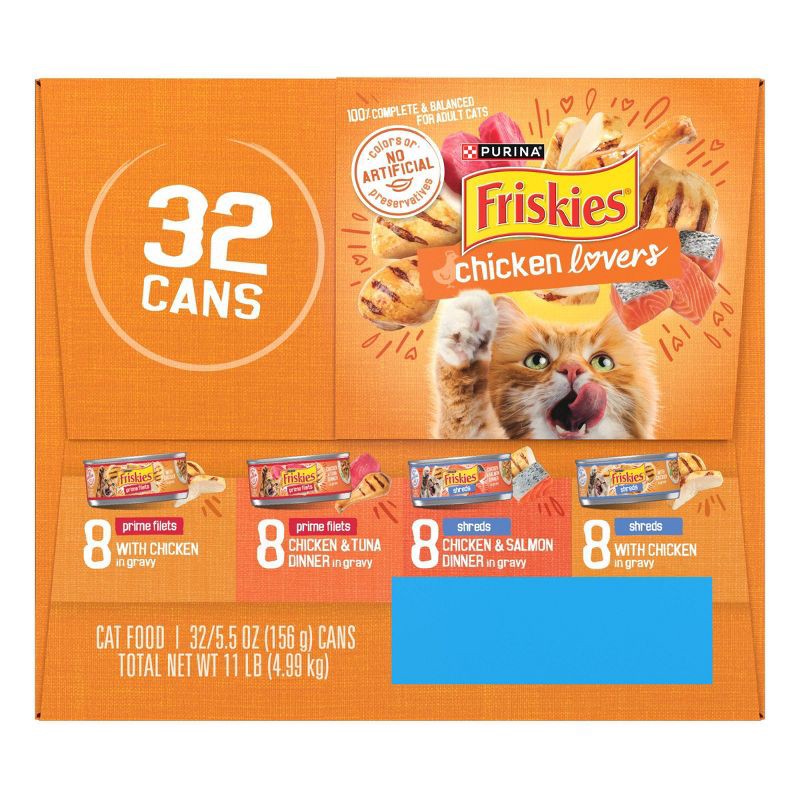 slide 7 of 8, Purina Friskies Prime Filets & Shreds with Tuna, Chicken, Salmon and Seafood Lover Wet Cat Food - 5.5oz/32ct Variety Pack, 32 ct; 5.5 oz