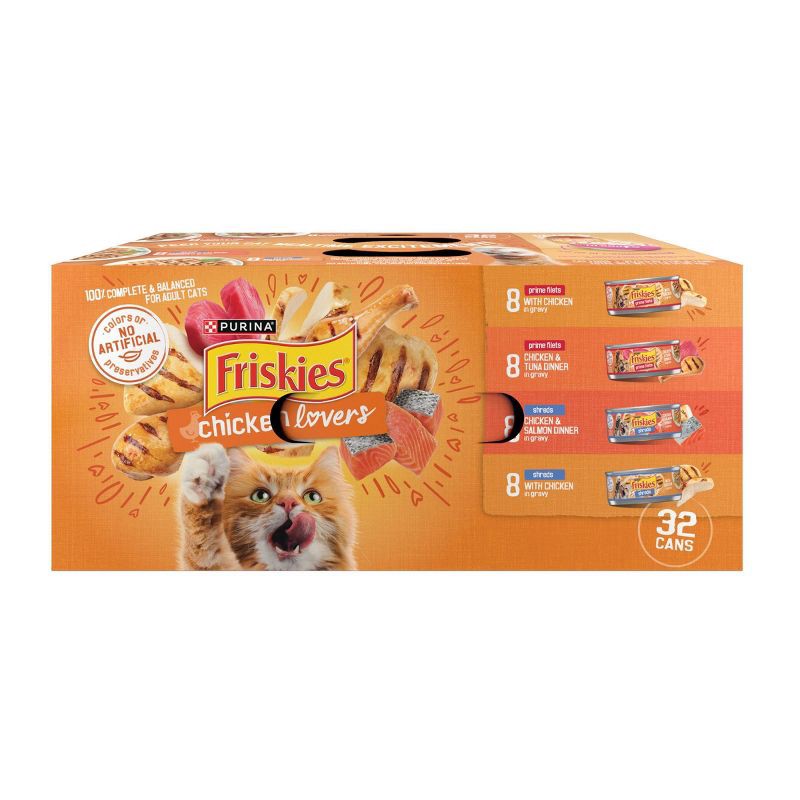 slide 1 of 8, Purina Friskies Prime Filets & Shreds with Tuna, Chicken, Salmon and Seafood Lover Wet Cat Food - 5.5oz/32ct Variety Pack, 32 ct; 5.5 oz