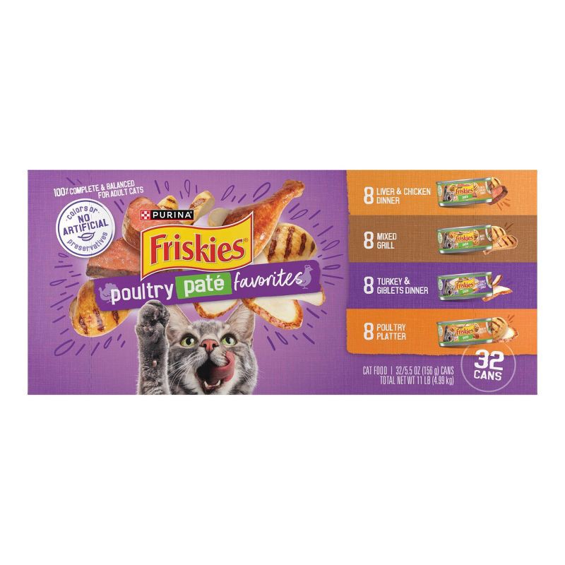 slide 3 of 8, Purina Friskies Paté with Liver and Turkey Flavor Wet Cat Food Poultry Favorites - 5.5oz/32ct Variety Pack, 32 ct; 5.5 oz