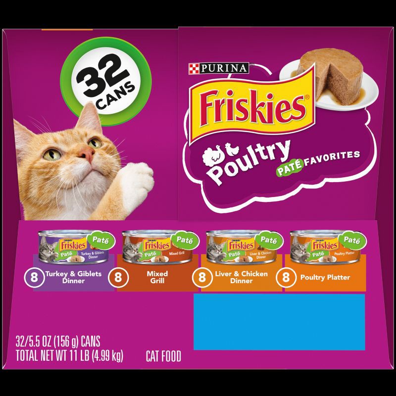 slide 7 of 8, Purina Friskies Paté with Liver and Turkey Flavor Wet Cat Food Poultry Favorites - 5.5oz/32ct Variety Pack, 32 ct; 5.5 oz