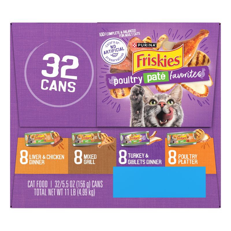 slide 8 of 8, Purina Friskies Paté with Liver and Turkey Flavor Wet Cat Food Poultry Favorites - 5.5oz/32ct Variety Pack, 32 ct; 5.5 oz