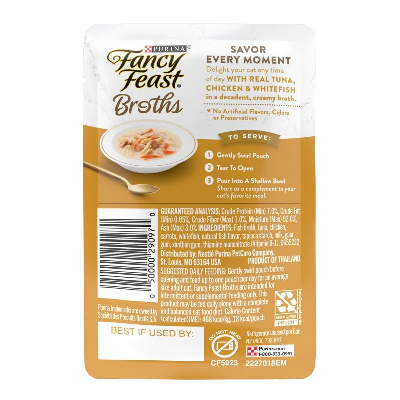 slide 2 of 9, Purina Fancy Feast Broths Lickable Creamy Gourmet Wet Cat Food Complement with Tuna, Chicken & White Fish In Creamy Broth - 1.4oz, 1.4 oz