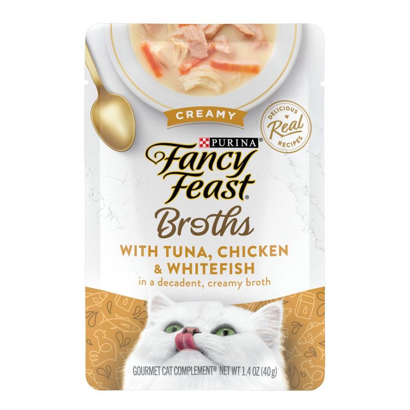 slide 1 of 9, Purina Fancy Feast Broths Lickable Creamy Gourmet Wet Cat Food Complement with Tuna, Chicken & White Fish In Creamy Broth - 1.4oz, 1.4 oz