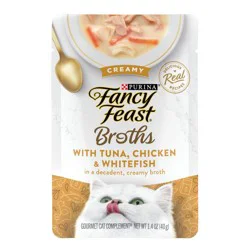 Purina Fancy Feast Broths Lickable Creamy Gourmet Wet Cat Food Complement with Tuna, Chicken & White Fish In Creamy Broth - 1.4oz