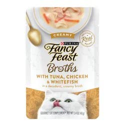 Purina Fancy Feast Broths Lickable Creamy Gourmet Wet Cat Food Complement with Tuna, Chicken & White Fish In Creamy Broth - 1.4oz