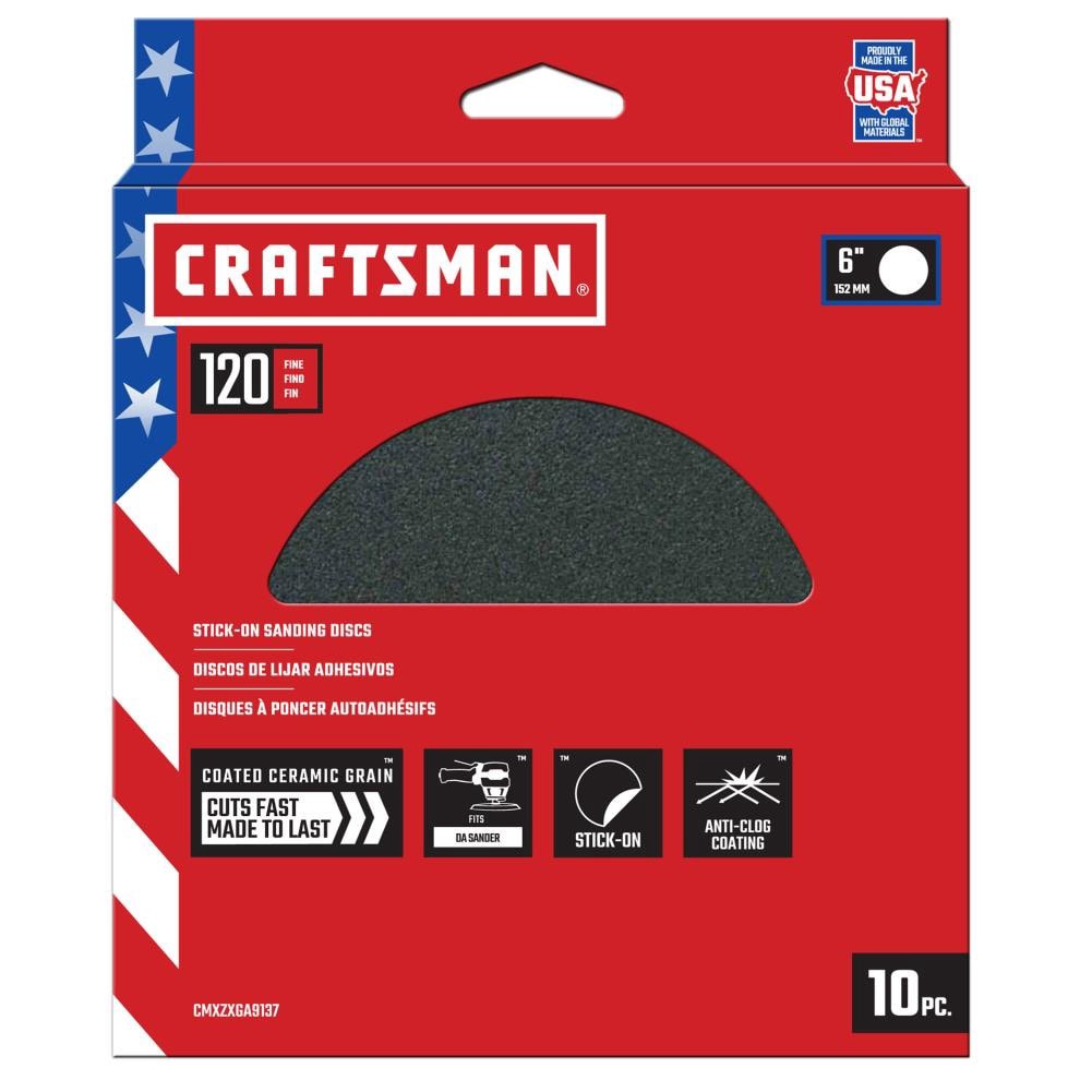 slide 1 of 3, CRAFTSMAN 6 In PSA Cer Discs 120 Grit 10pk 10 -Piece Ceramic alumina 120 -Grit Disc Sandpaper, 1 ct