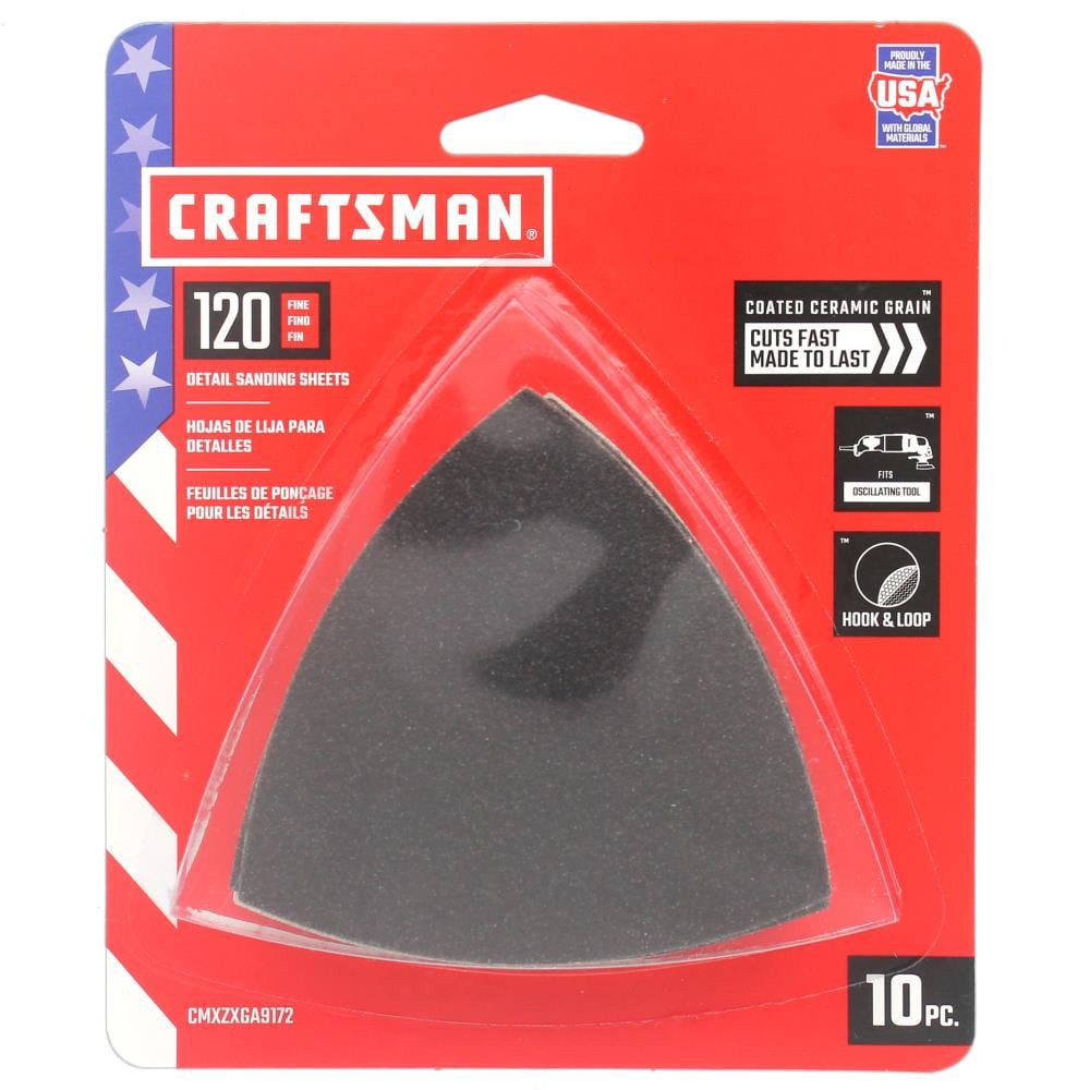 slide 1 of 6, CRAFTSMAN 3 In H/L NH Sm Osc 120 Grt 10pk 10 -Piece Ceramic alumina 120 -Grit Detail Sandpaper, 1 ct