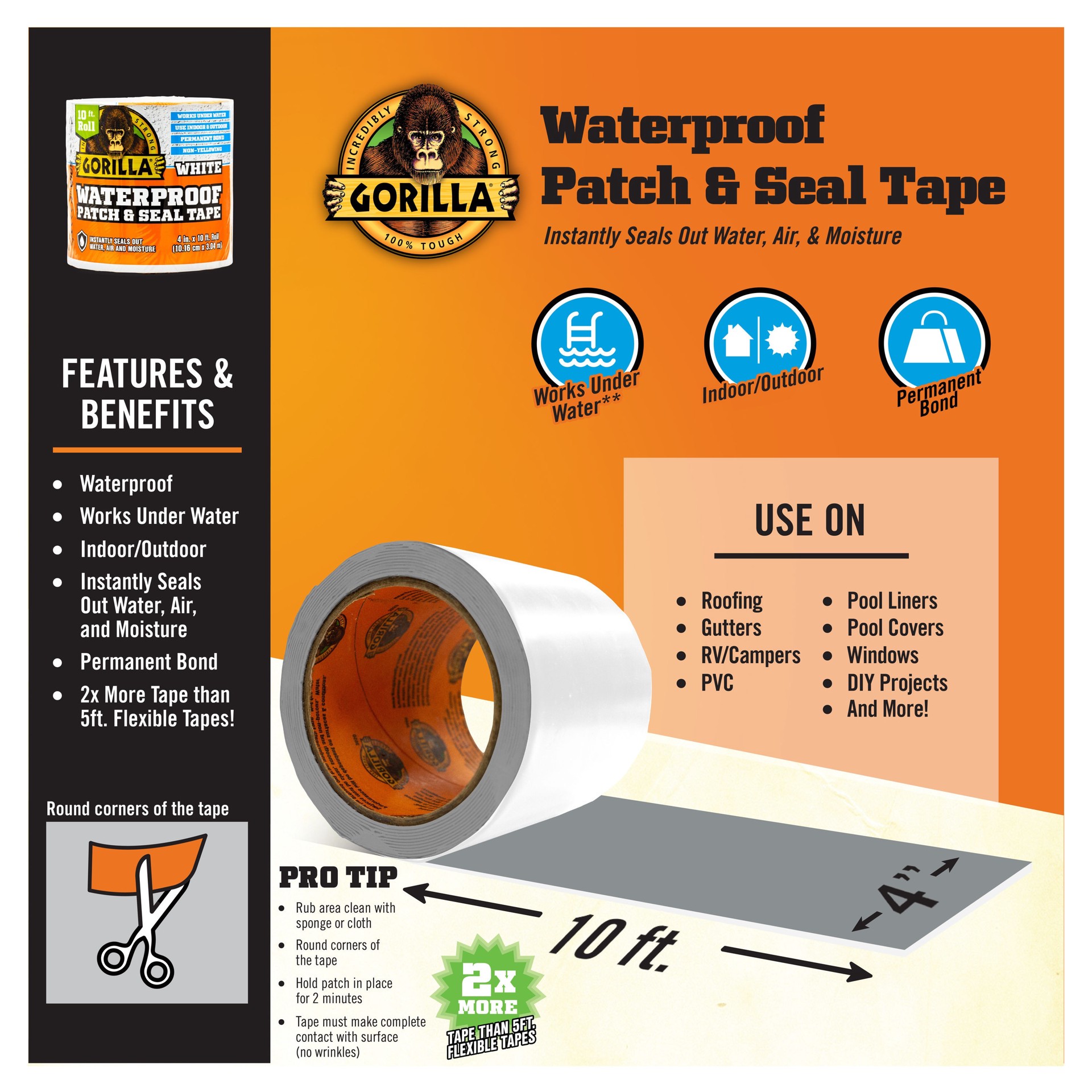 slide 3 of 6, Gorilla Waterproof Patch Seal White Waterproof Duct Tape 4-in x 10 Feet, 1 ct