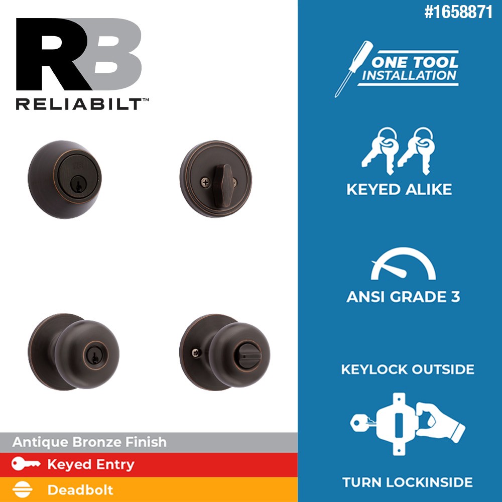 slide 3 of 6, RELIABILT Baron Antique Bronze Exterior Single-Cylinder Deadbolt and Keyed Entry Door Knob, 1 ct