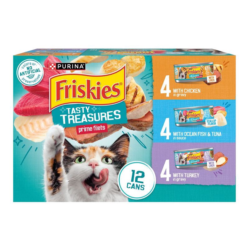 slide 1 of 14, Purina Friskies Tasty Treasures Prime Filets Ocean Fish, Chicken & Turkey Wet Cat Food - 5.5oz/12ct Variety Pack, 12 ct; 5.5 oz
