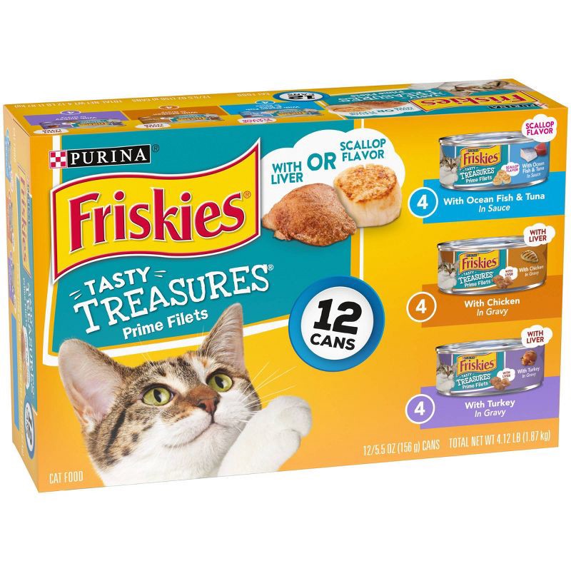 slide 5 of 14, Purina Friskies Tasty Treasures Prime Filets Ocean Fish, Chicken & Turkey Wet Cat Food - 5.5oz/12ct Variety Pack, 12 ct; 5.5 oz