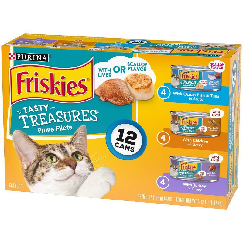 slide 6 of 14, Purina Friskies Tasty Treasures Prime Filets Ocean Fish, Chicken & Turkey Wet Cat Food - 5.5oz/12ct Variety Pack, 12 ct; 5.5 oz