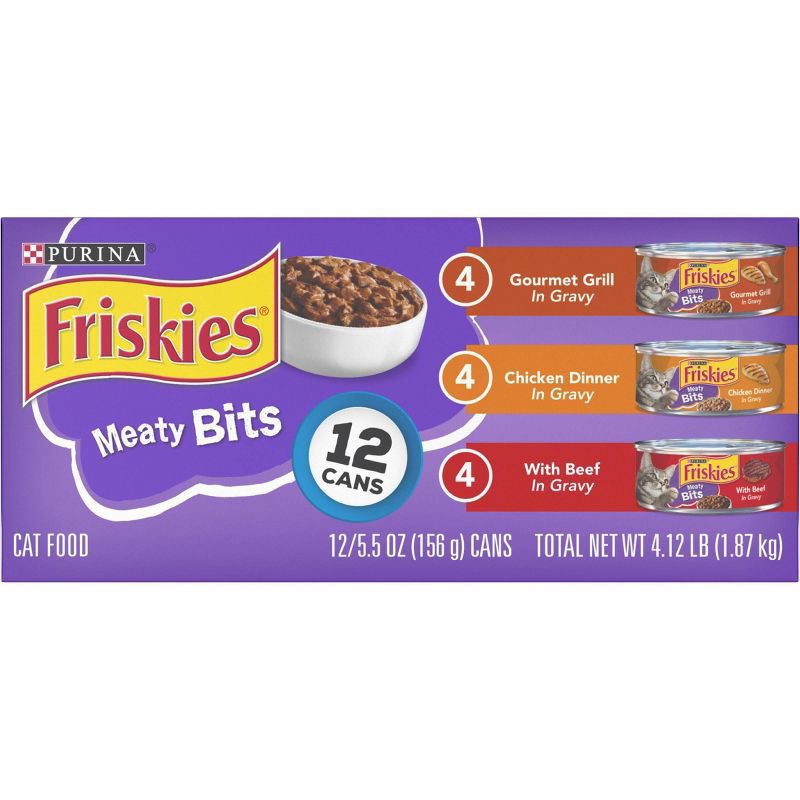 slide 2 of 9, Purina Friskies Meaty Bits Gourmet Grill, Chicken & Beef Wet Cat Food - 5.5oz/12ct Variety Pack, 12 ct; 5.5 oz