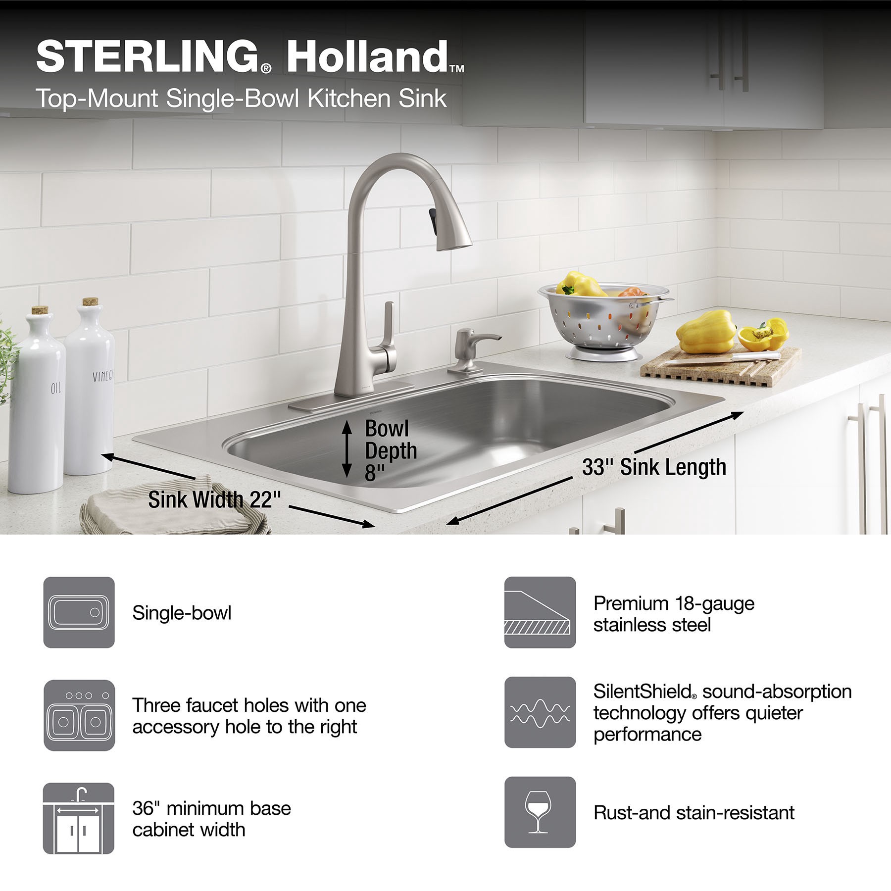 slide 4 of 6, Sterling Holland Drop-in 33-in x 22-in Stainless steel Single bowl 18 -Gauge Kitchen Sink, 1 ct