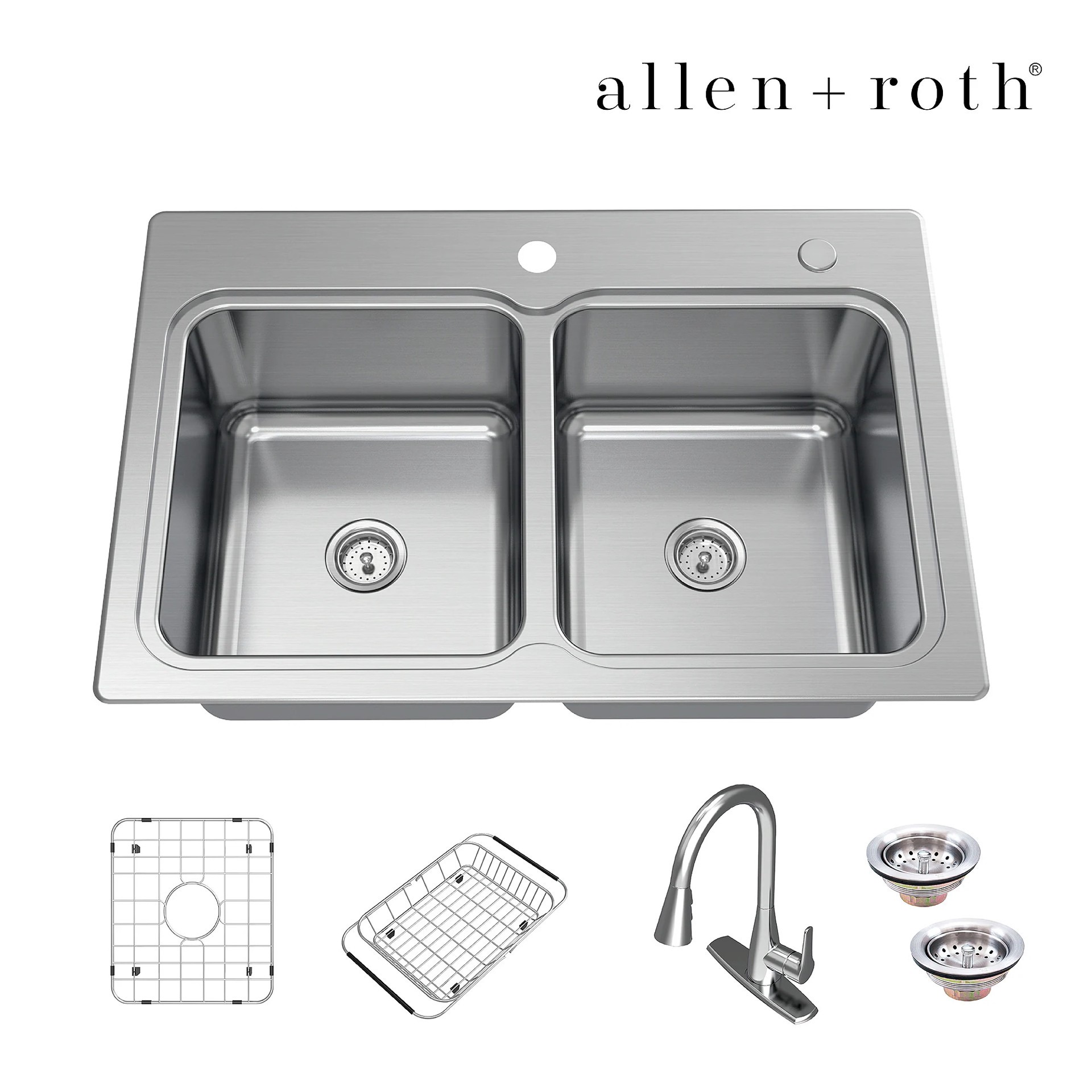 slide 4 of 6, allen + roth Hoffman Drop-in or undermount 33-in x 22-in Stainless steel Double equal bowl 20 -Gauge Kitchen Sink All-in-One Kit, 1 ct