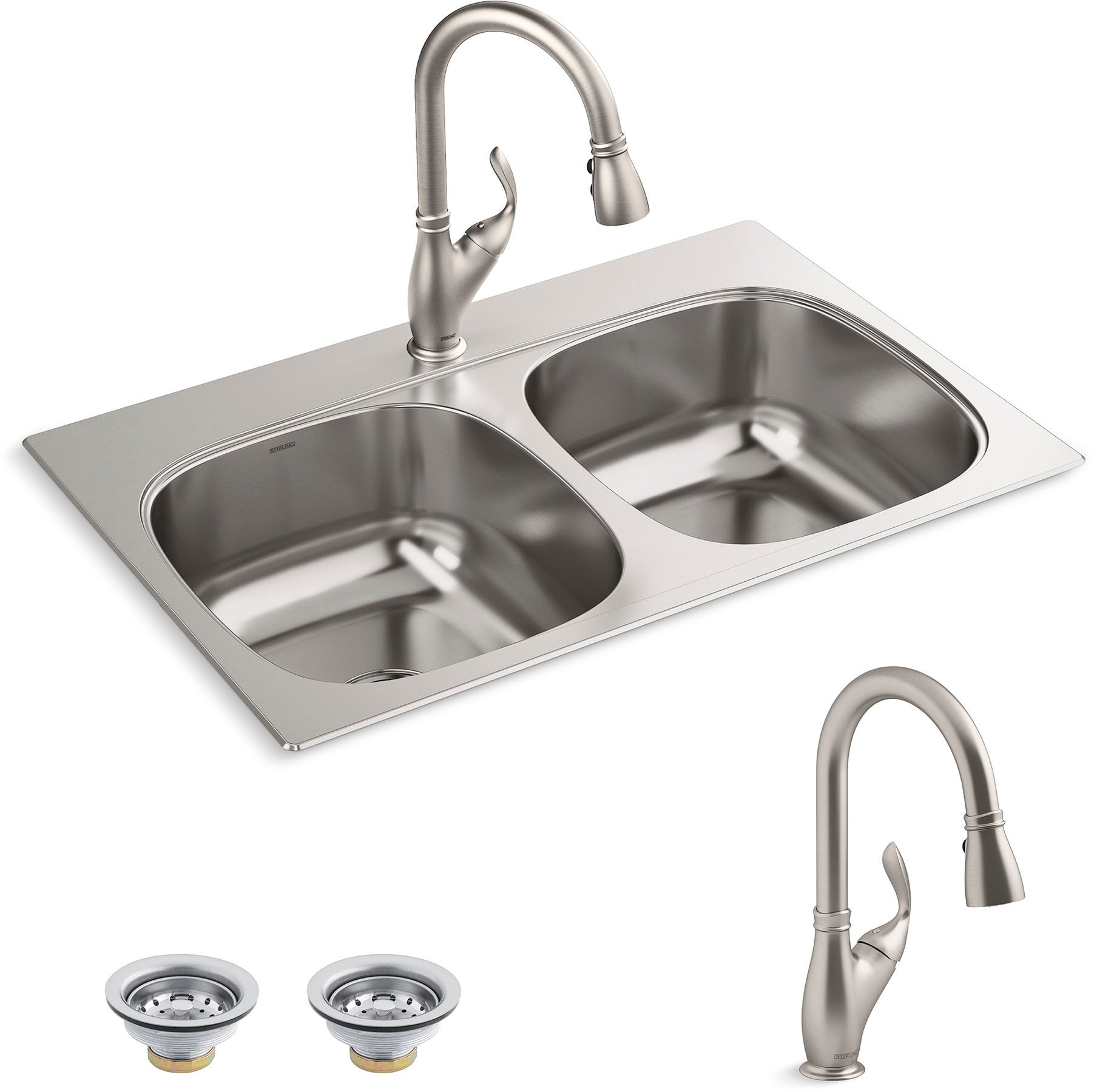 slide 3 of 6, Sterling Holland Drop-in 33-in x 22-in Stainless steel Double equal bowl 18 -Gauge Kitchen Sink All-in-One Kit, 1 ct