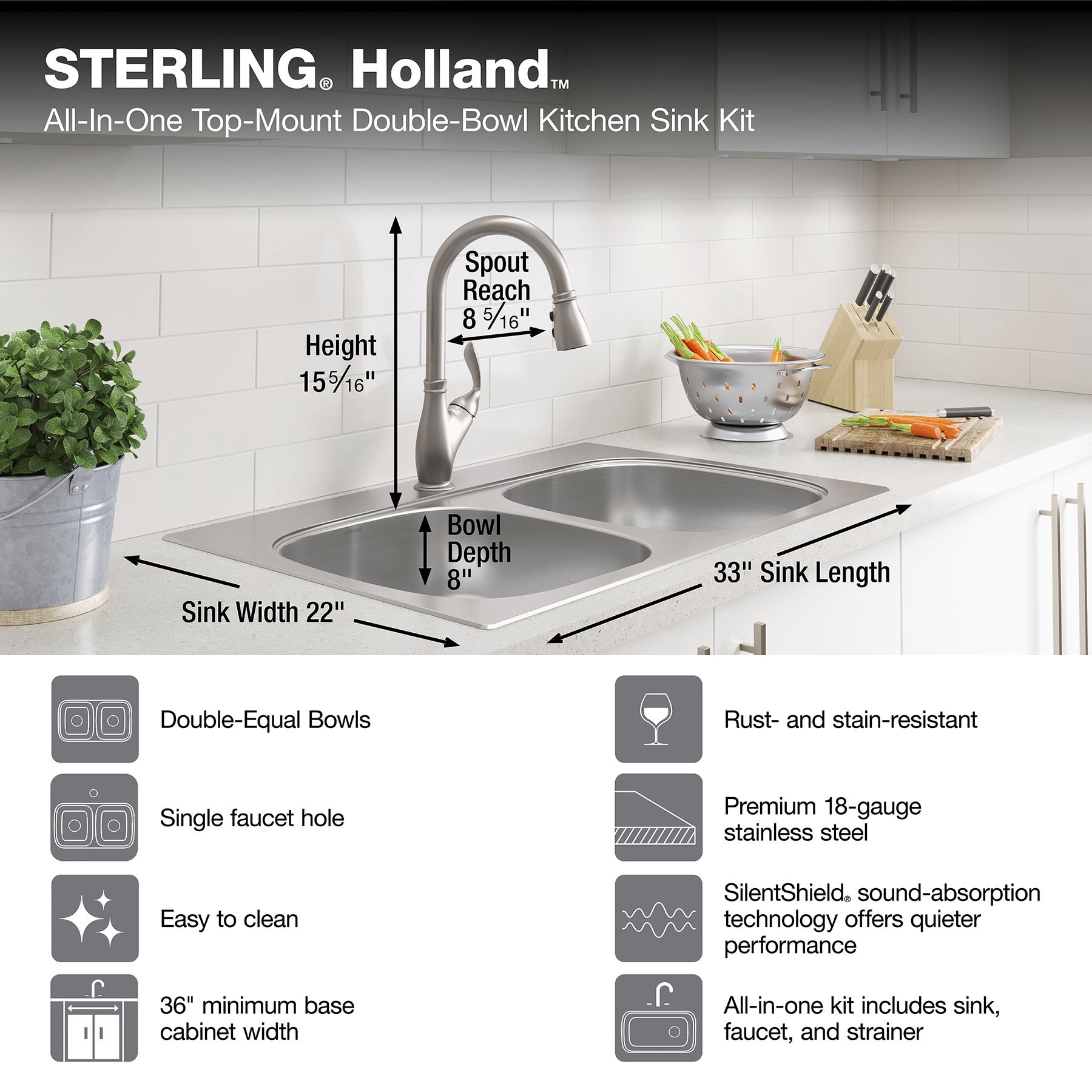 slide 4 of 6, Sterling Holland Drop-in 33-in x 22-in Stainless steel Double equal bowl 18 -Gauge Kitchen Sink All-in-One Kit, 1 ct