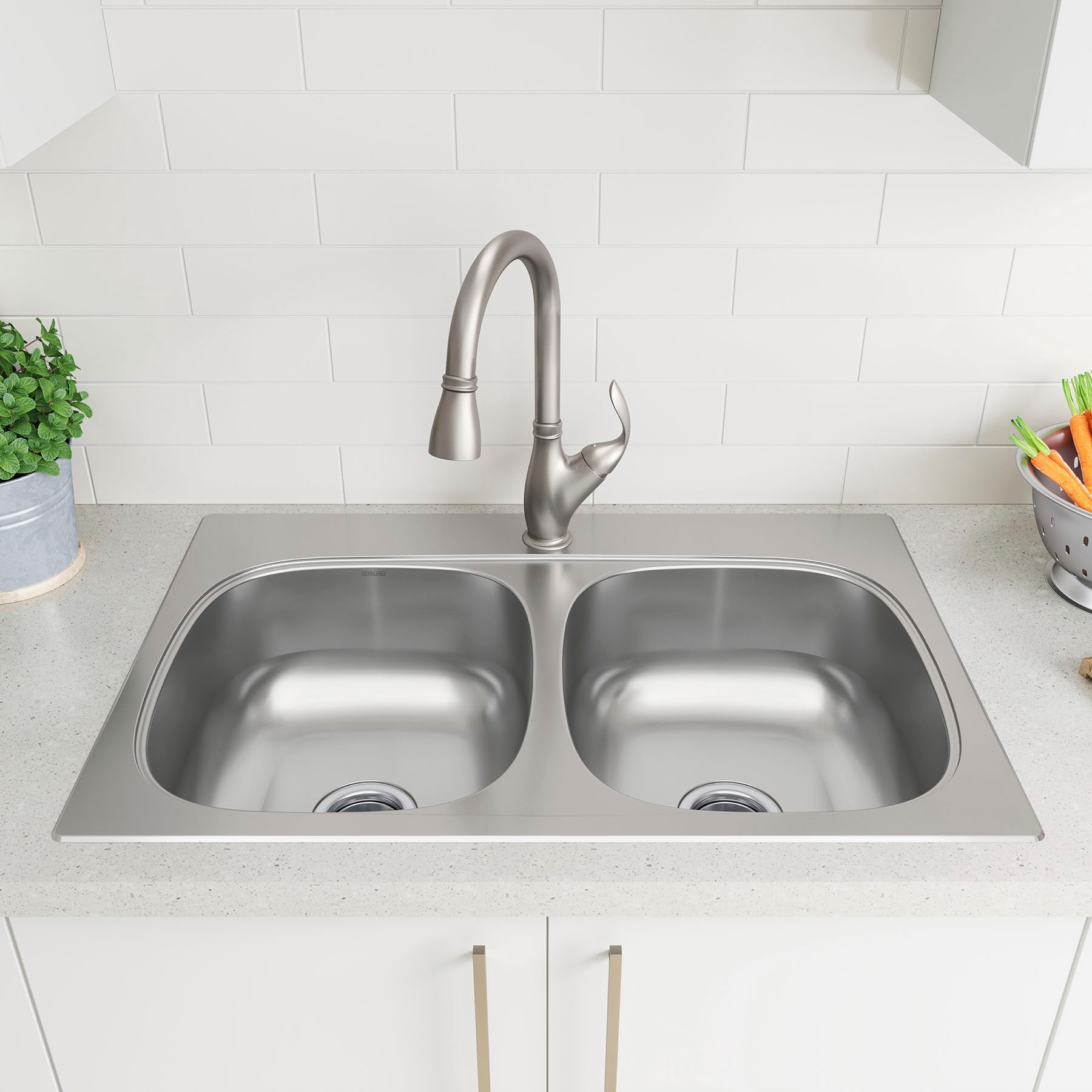 slide 5 of 6, Sterling Holland Drop-in 33-in x 22-in Stainless steel Double equal bowl 18 -Gauge Kitchen Sink All-in-One Kit, 1 ct