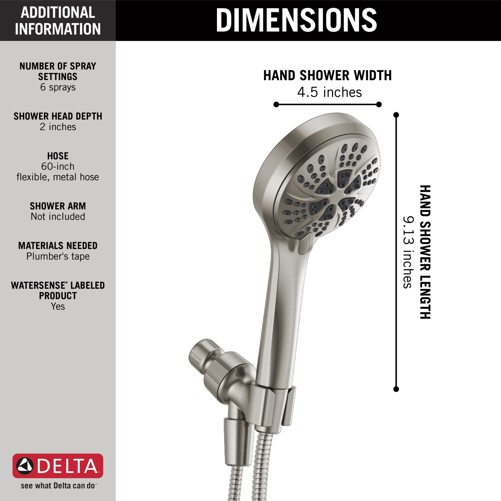 slide 3 of 6, Delta 6.0 -Spray Satin Nickel 4.5-in Round High Pressure Handheld Shower Head 2.5 GPM, 1 ct
