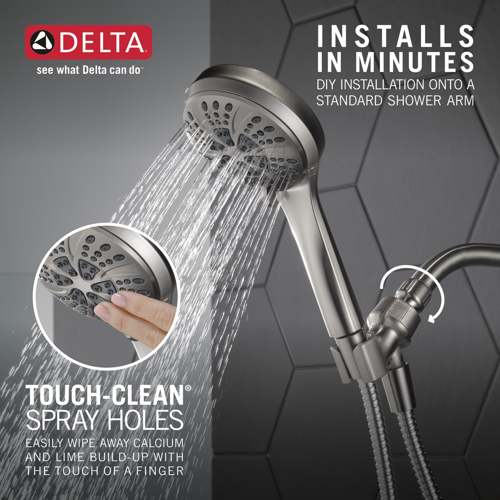 slide 4 of 6, Delta 6.0 -Spray Satin Nickel 4.5-in Round High Pressure Handheld Shower Head 2.5 GPM, 1 ct