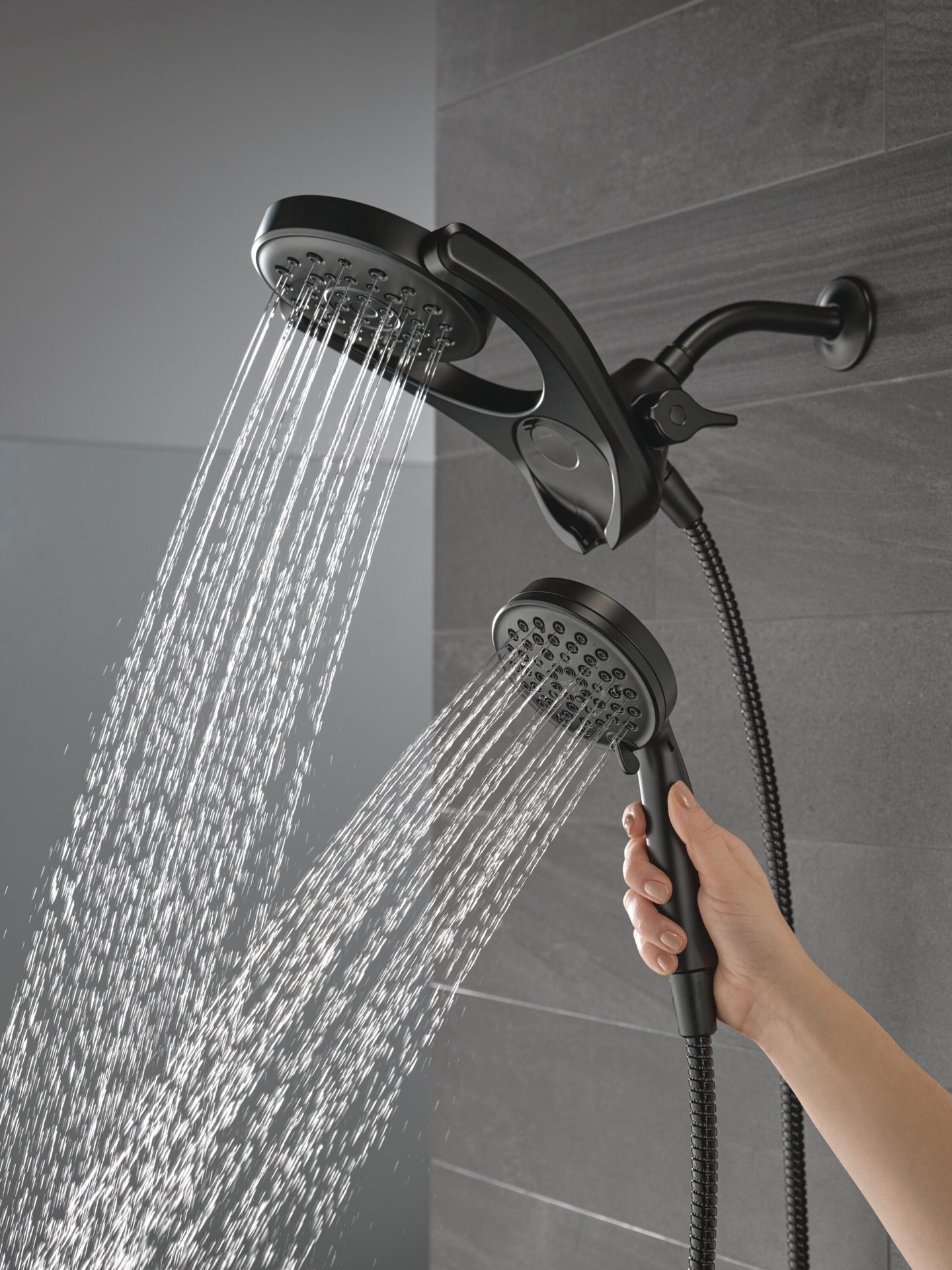 slide 2 of 6, Delta HydroRain 4.0 -Spray Matte Black 6-in Round Rain High Pressure Shower Head with Handheld Combo 2.5 GPM, 1 ct