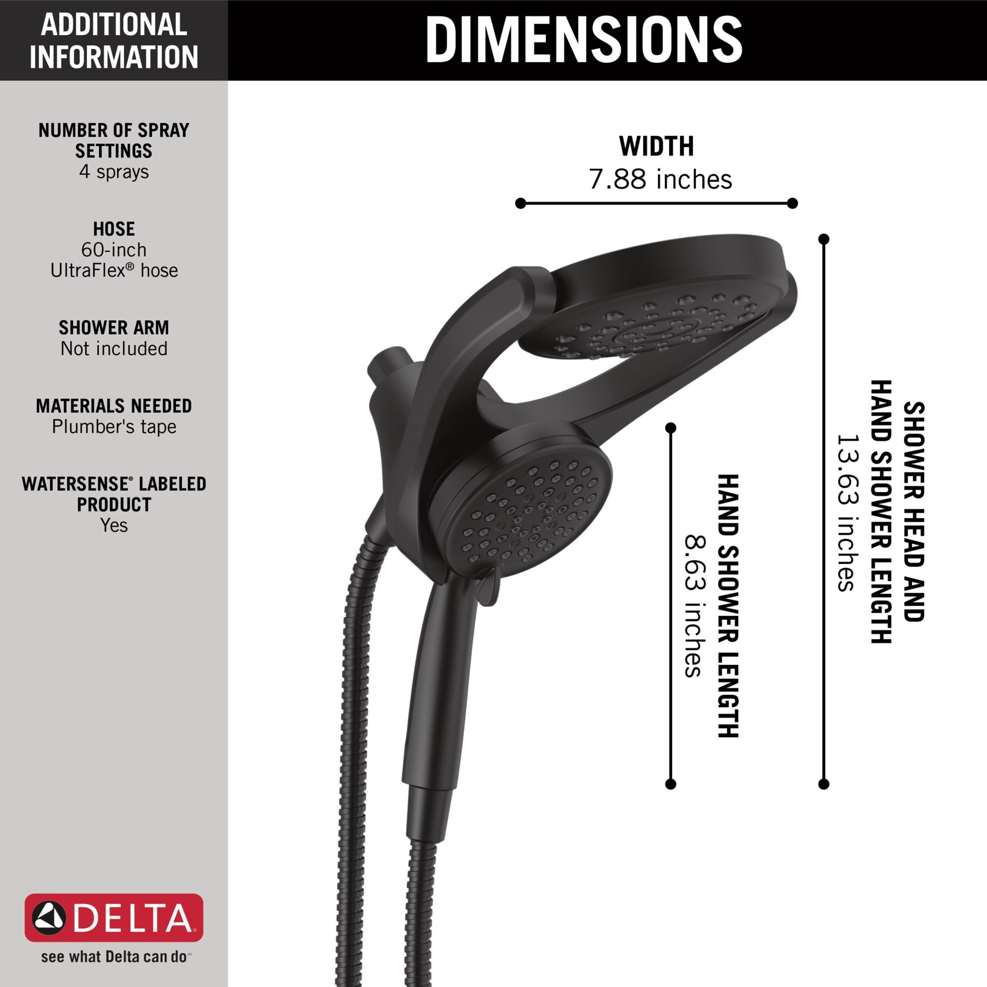 slide 3 of 6, Delta HydroRain 4.0 -Spray Matte Black 6-in Round Rain High Pressure Shower Head with Handheld Combo 2.5 GPM, 1 ct