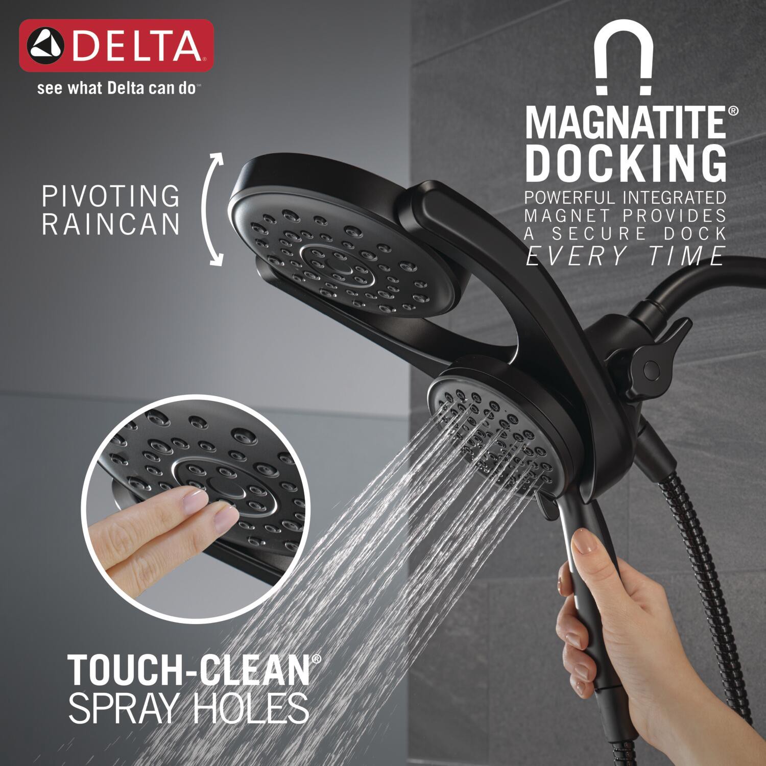 slide 4 of 6, Delta HydroRain 4.0 -Spray Matte Black 6-in Round Rain High Pressure Shower Head with Handheld Combo 2.5 GPM, 1 ct
