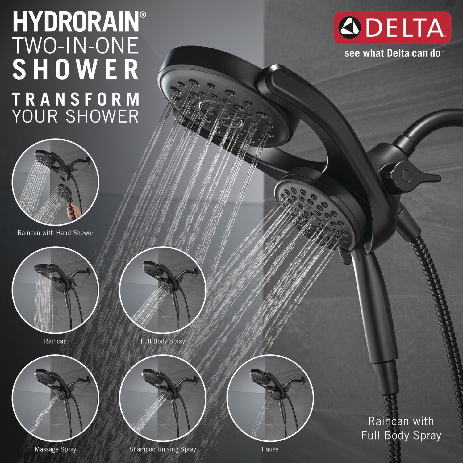 slide 5 of 6, Delta HydroRain 4.0 -Spray Matte Black 6-in Round Rain High Pressure Shower Head with Handheld Combo 2.5 GPM, 1 ct