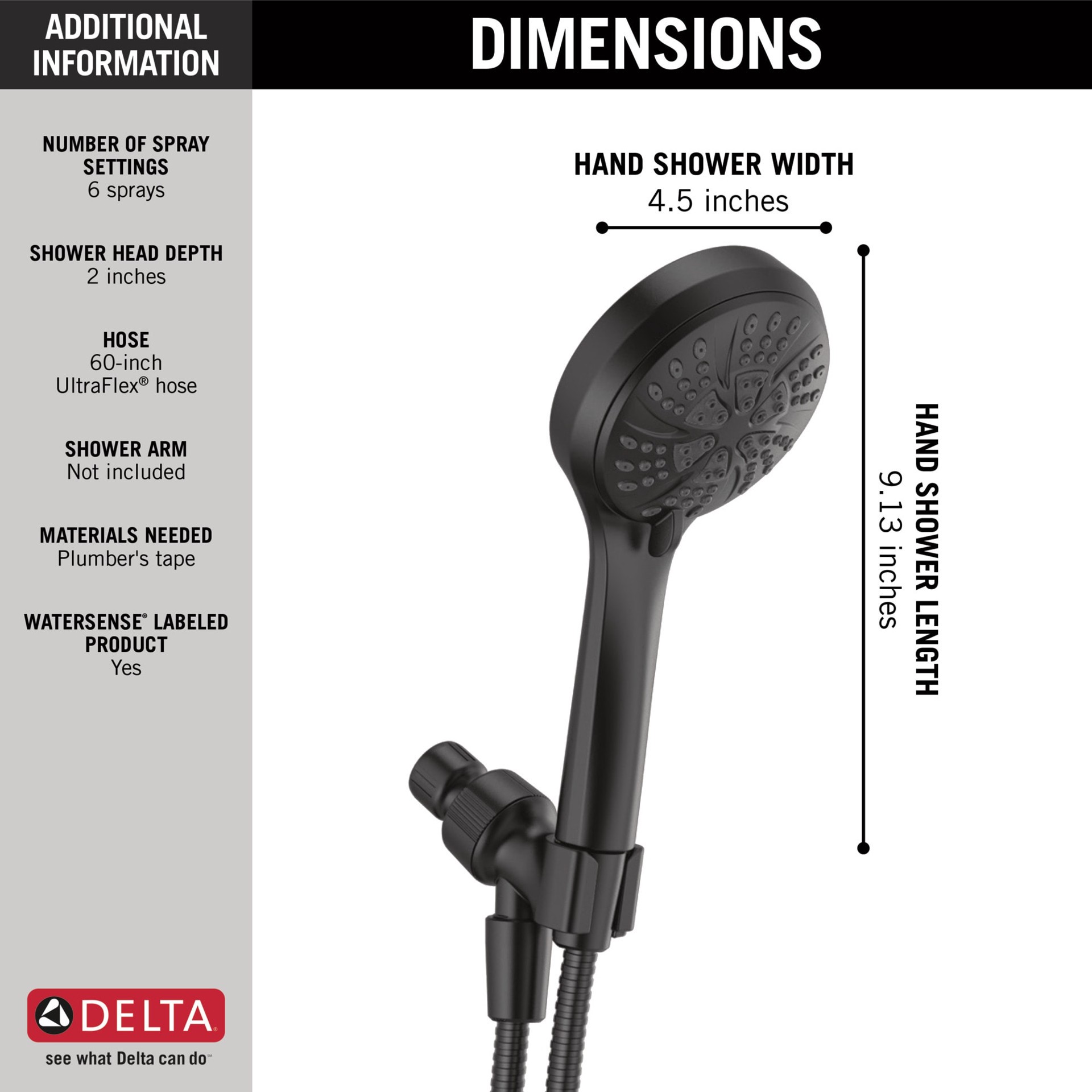 slide 3 of 6, Delta 6.0 -Spray Matte Black 4.5-in Round High Pressure Handheld Shower Head 2.5 GPM, 1 ct