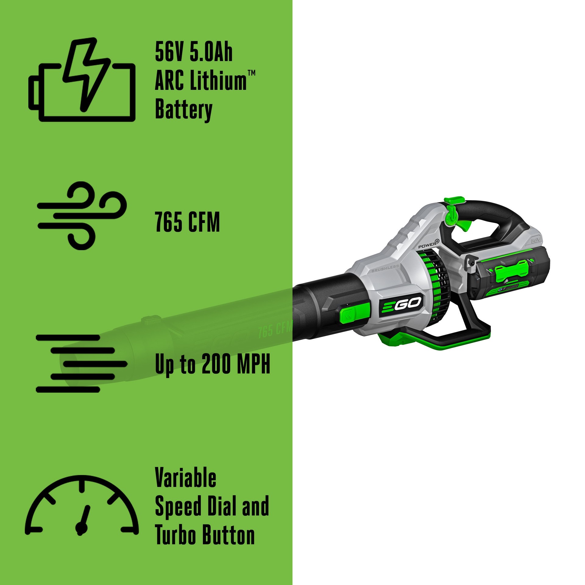 slide 2 of 6, EGO POWER+ 56-volt 765-CFM 200-MPH Battery Handheld Leaf Blower 5.0 Ah, 1 ct