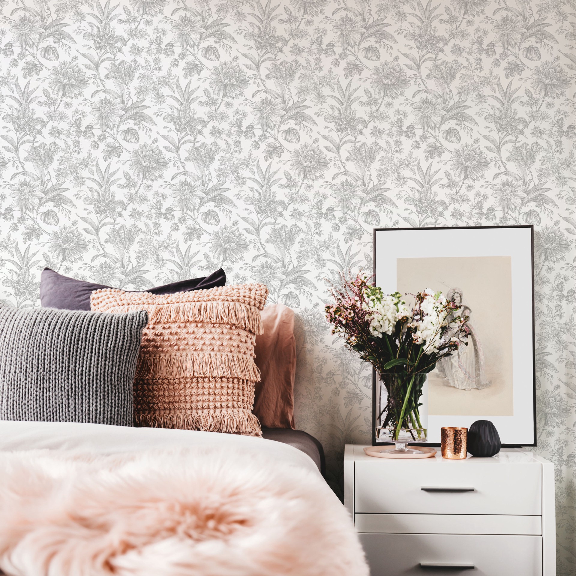 slide 3 of 6, allen + roth 30.75-sq ft Silver Vinyl Floral Self-adhesive Peel and Stick Wallpaper, 1 ct