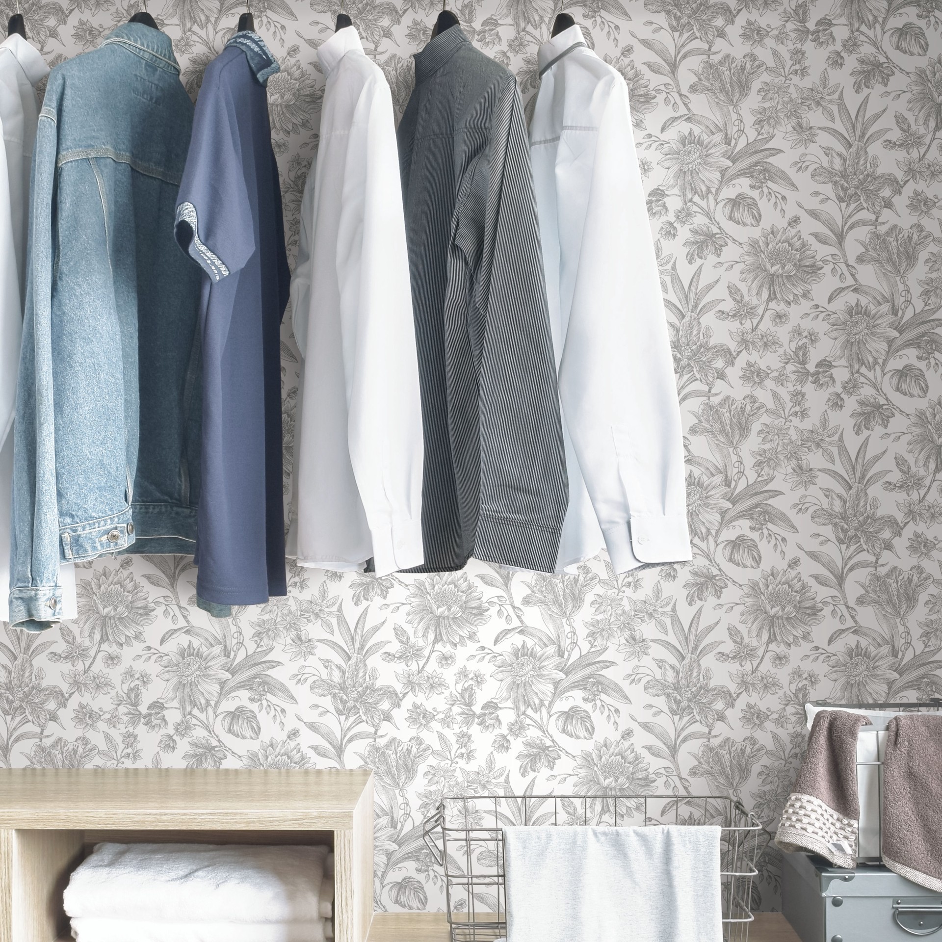 slide 5 of 6, allen + roth 30.75-sq ft Silver Vinyl Floral Self-adhesive Peel and Stick Wallpaper, 1 ct