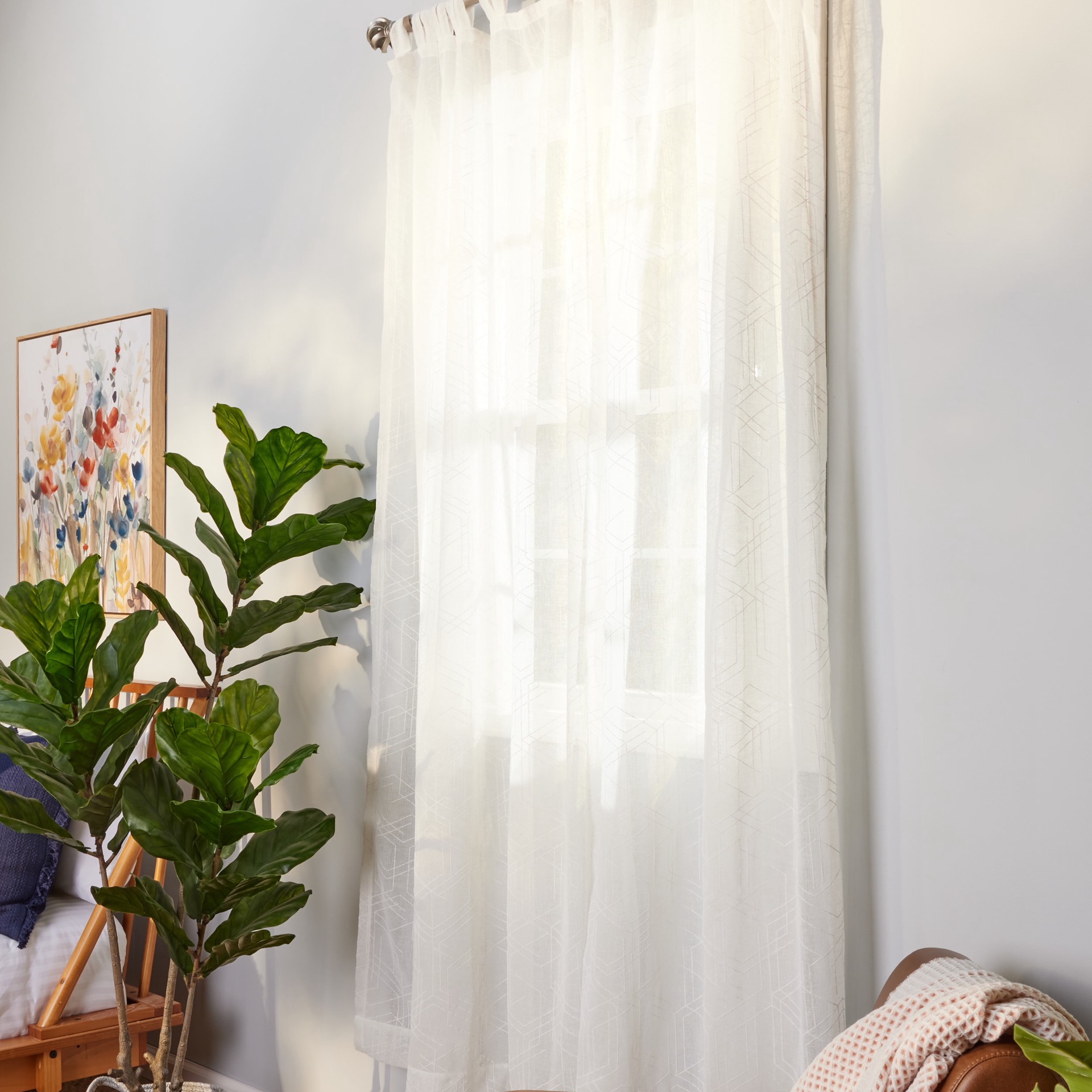 slide 5 of 6, Origin 21 84-in White Geometric Light filtering Top tab Single curtain panel, 1 ct