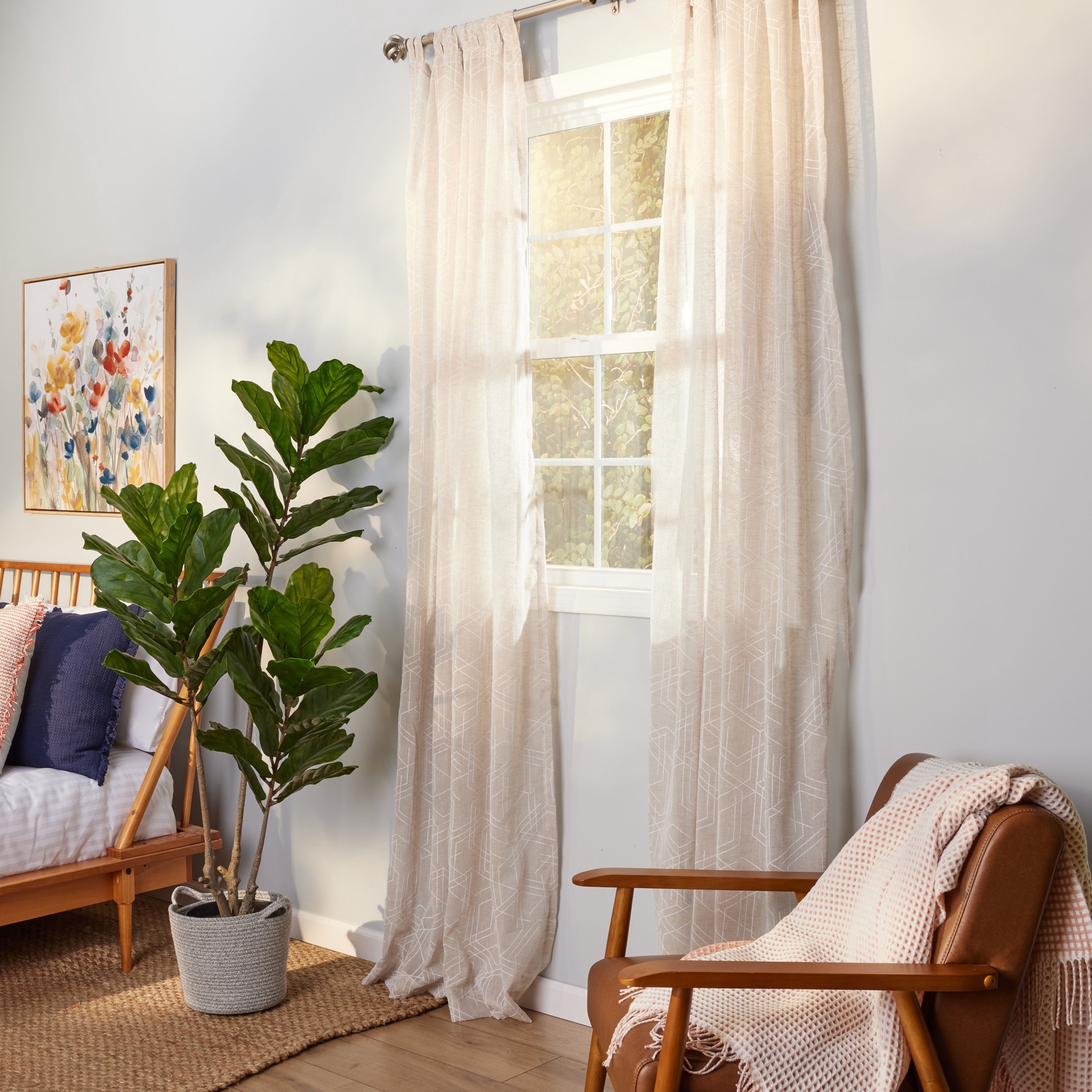 slide 3 of 6, Origin 21 84-in Linen Geometric Light filtering Top tab Single curtain panel, 1 ct