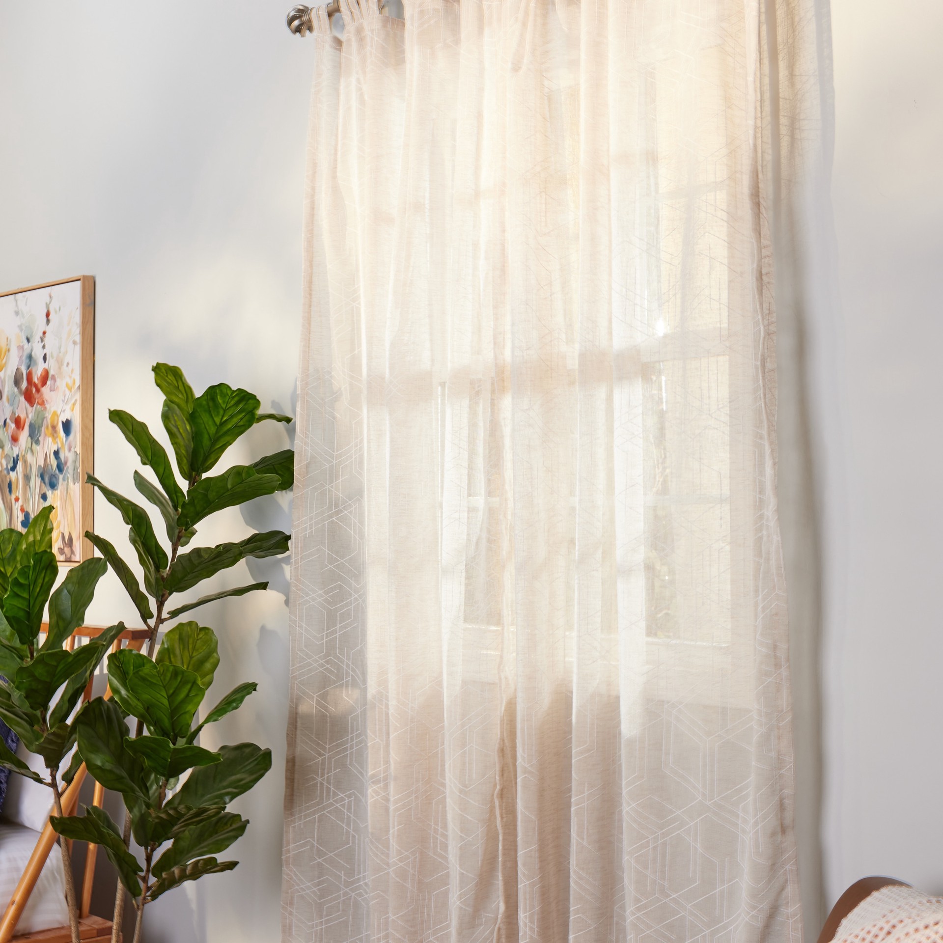slide 4 of 6, Origin 21 84-in Linen Geometric Light filtering Top tab Single curtain panel, 1 ct