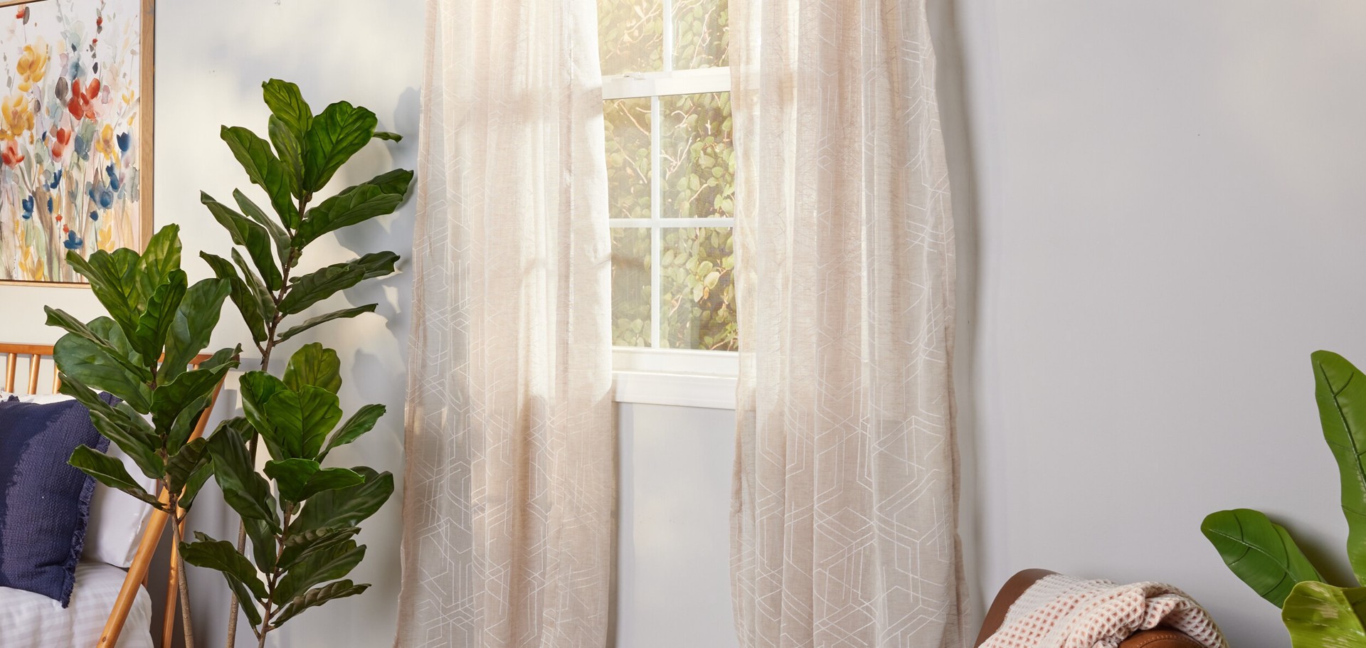 slide 5 of 6, Origin 21 84-in Linen Geometric Light filtering Top tab Single curtain panel, 1 ct