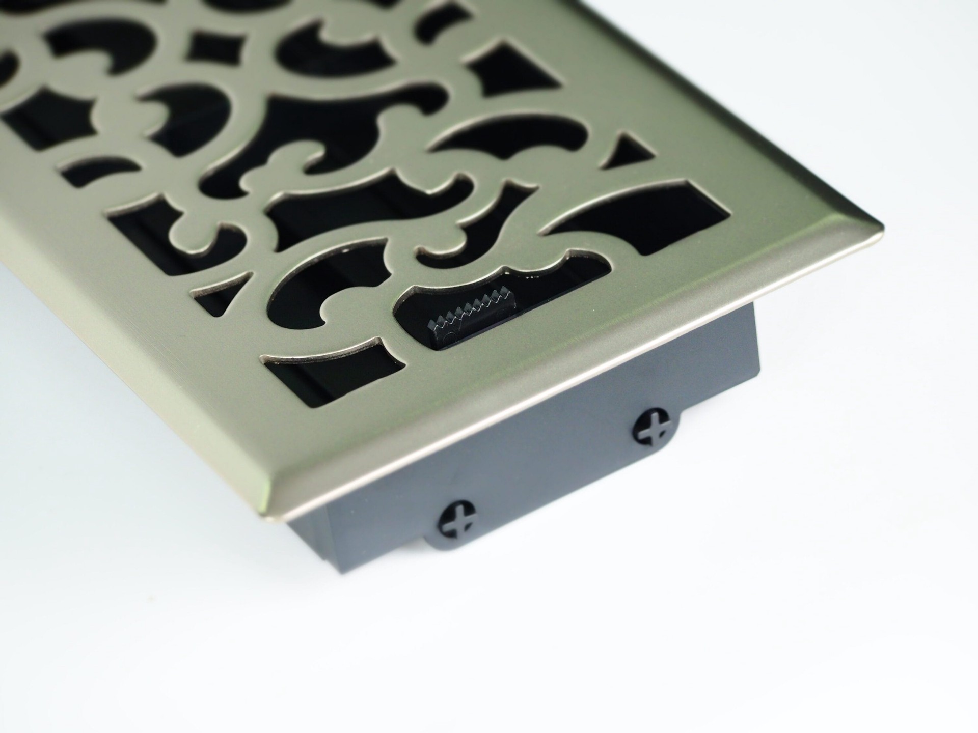 slide 5 of 6, allen + roth 4-in x 14-in Maximum airflow Steel Satin Nickel Savannah Design Floor Register, 1 ct