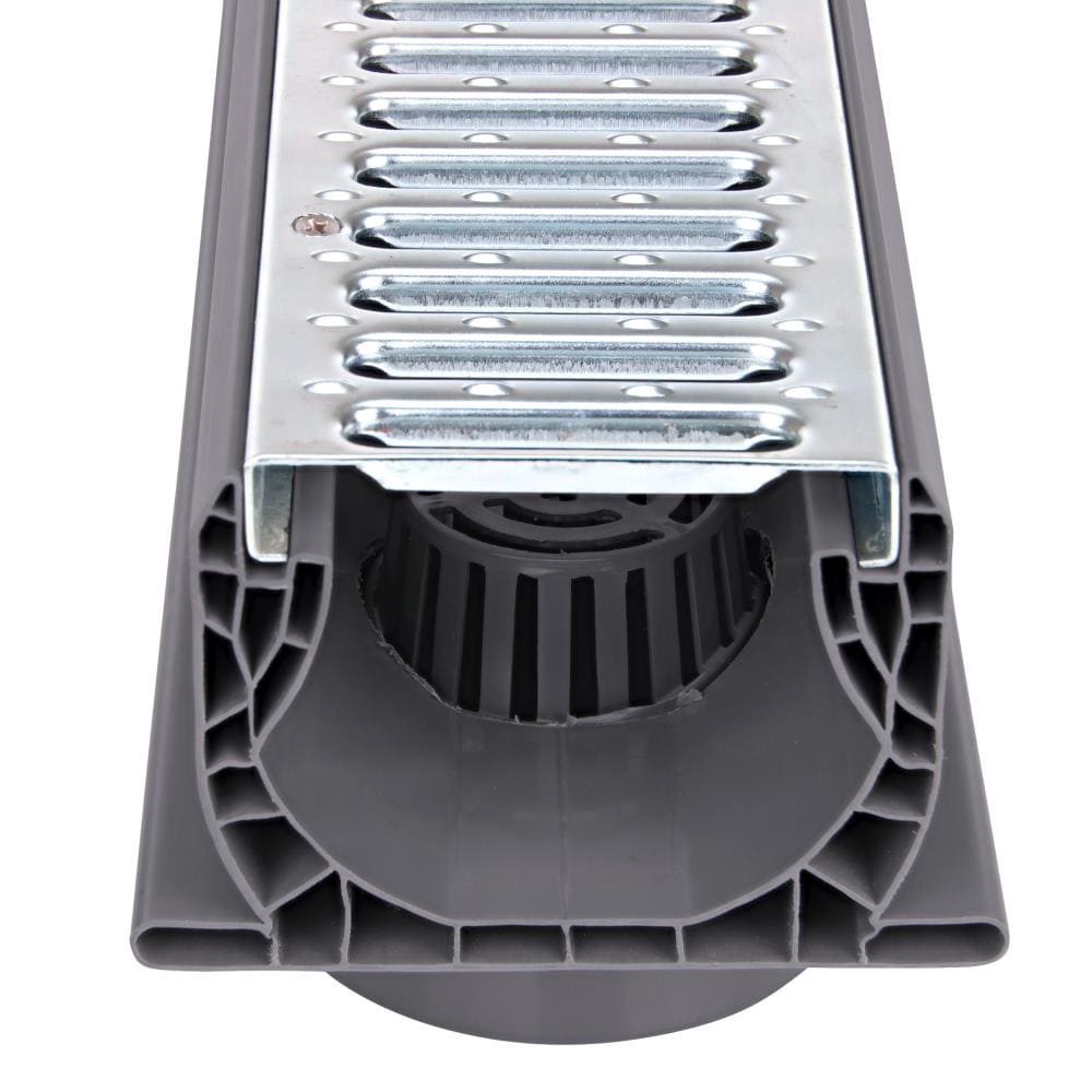 slide 2 of 5, NDS Spee-D Channel Drain Bottom Outlet Assembly, 4-3/4 in. wide X 2 ft. long with Channel & Prefastened Galvanized Steel Grate, 1 ct